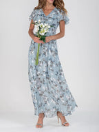 Robe d'été femme col V, jupe trapèze, manches courtes