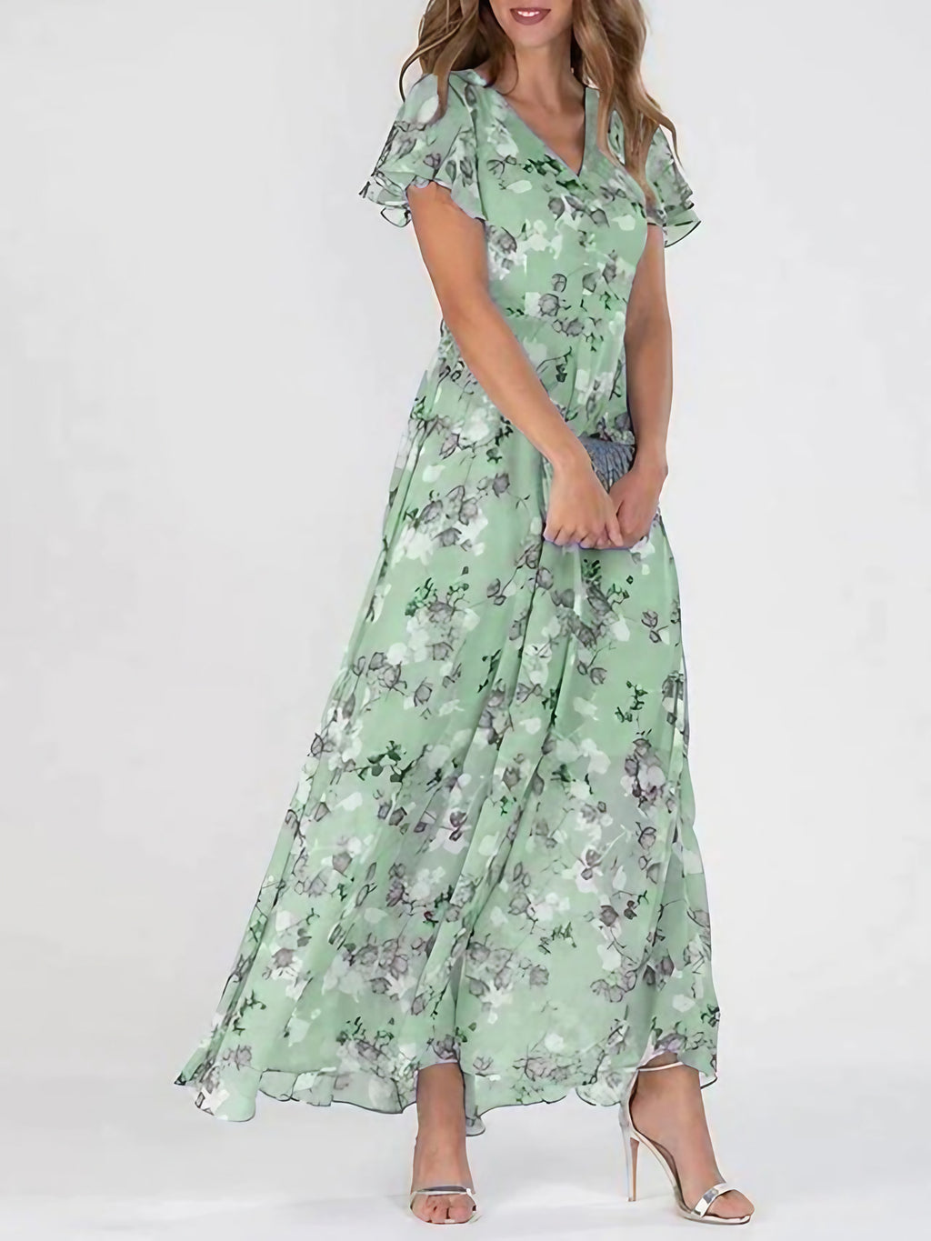 Robe d'été femme col V, jupe trapèze, manches courtes, vert