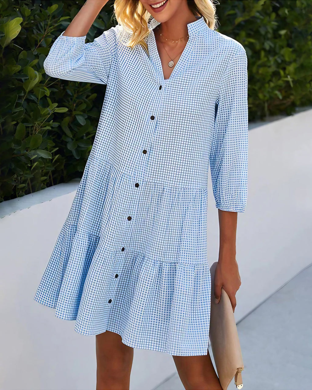 Robe d'été bleue femme à manches courtes, jupe fluide, bleu