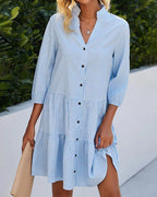 Robe d'été bleue femme à manches courtes, jupe fluide