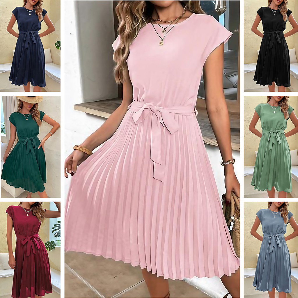 Robe d'été femme trapèze à ceinture, manches courtes, sept coloris