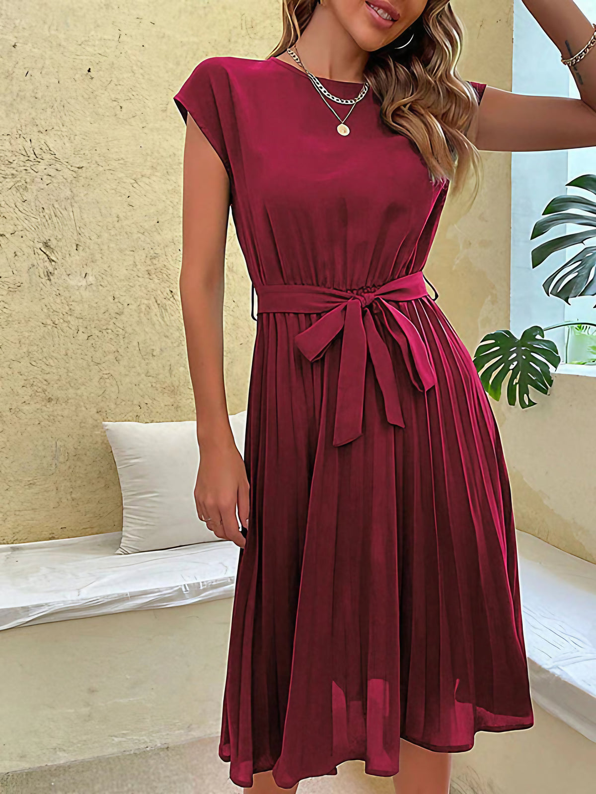 Robe d'été femme trapèze à ceinture, manches courtes, sept coloris, saphir