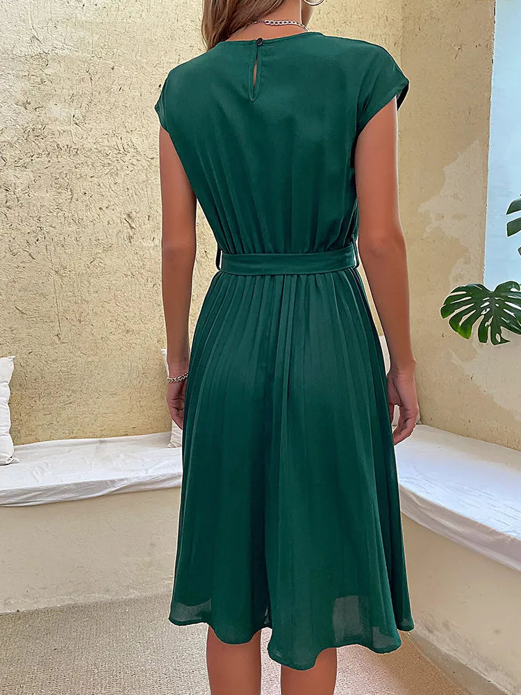 Robe d'été femme trapèze à ceinture, manches courtes, sept coloris