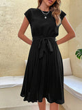 Robe d'été femme trapèze à ceinture, manches courtes, sept coloris, noir