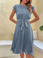 Robe d'été femme trapèze à ceinture, manches courtes, sept coloris, bleu ciel
