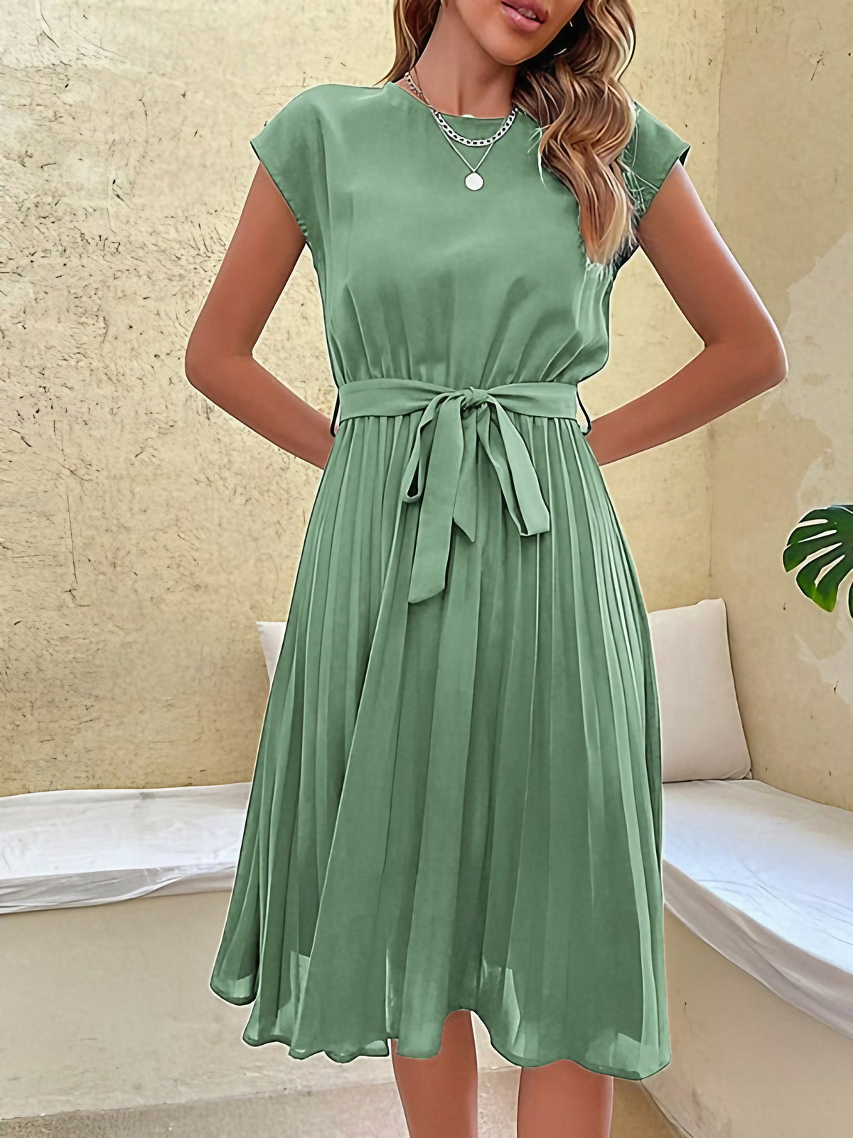 Robe d'été femme trapèze à ceinture, manches courtes, sept coloris, vert menthe
