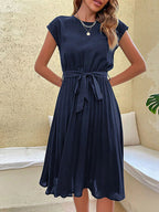 Robe d'été femme trapèze à ceinture, manches courtes, sept coloris