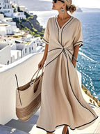 Robe longue d'été femme col V, coupe ample, taille boutonnée, beige