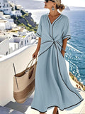 Robe longue d'été femme col V, coupe ample, taille boutonnée, bleu