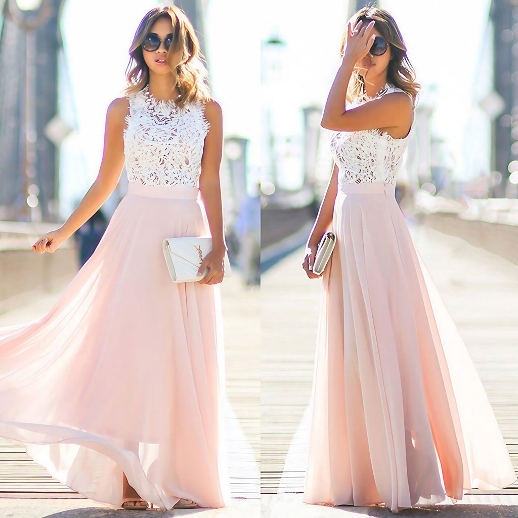 Robe longue d'été rose, coupe évasée, manches courtes, rose
