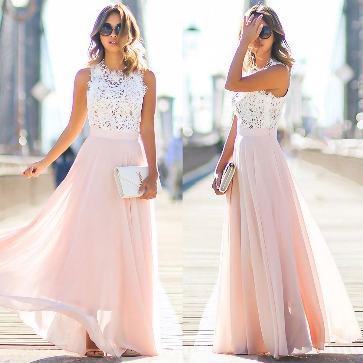 Robe longue d'été rose, coupe évasée, manches courtes, rose