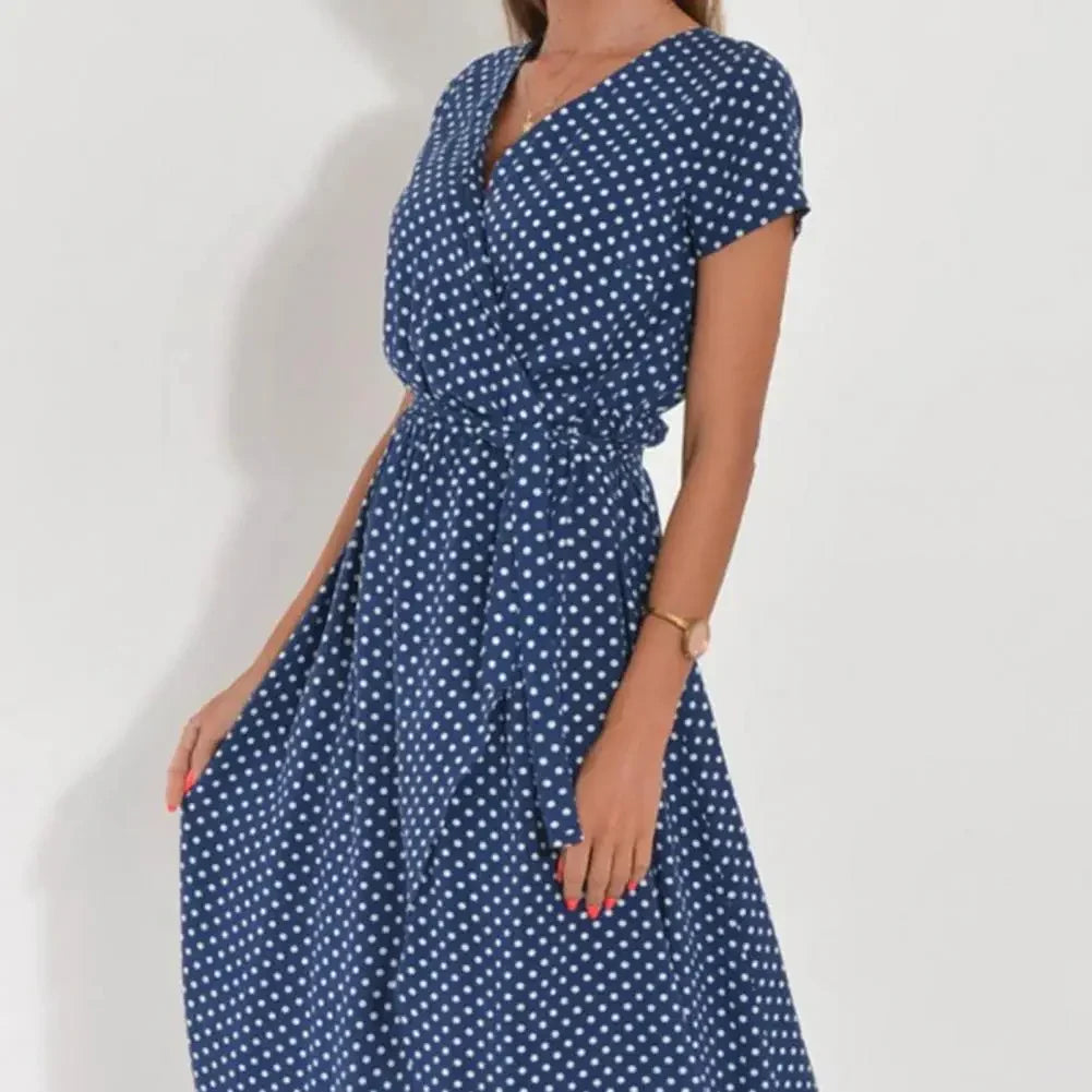Robe d'été mi-longue femme à manches courtes, quatre coloris, bleu