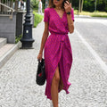Robe d'été mi-longue femme à manches courtes, quatre coloris, rose rouge