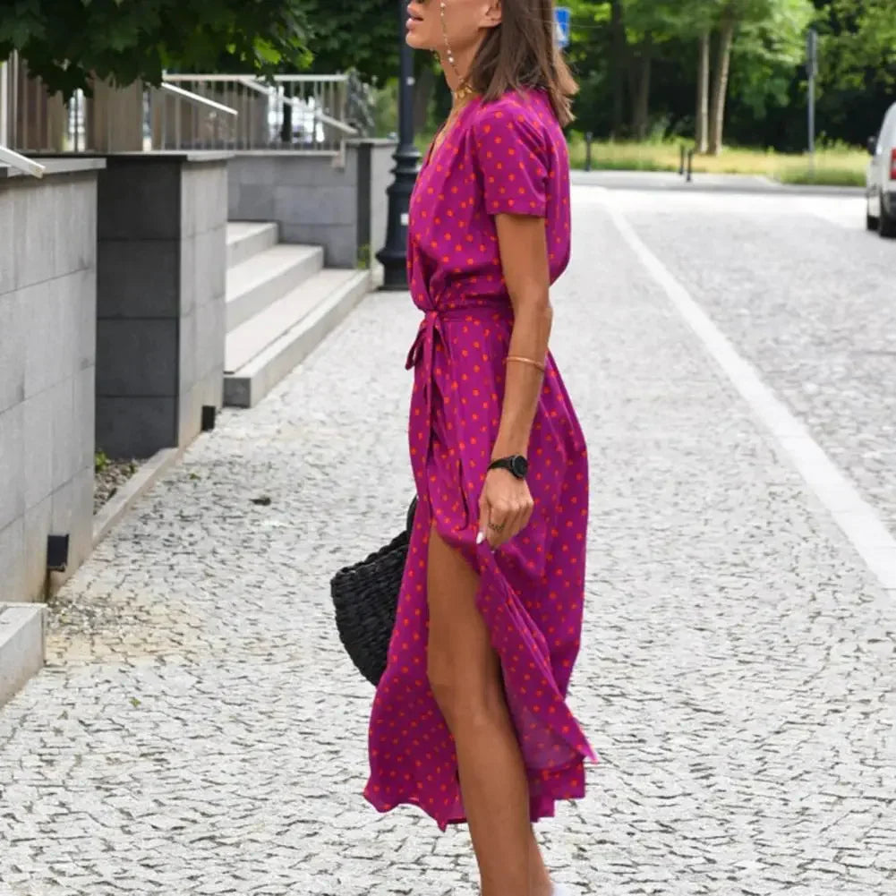 Robe d'été mi-longue femme à manches courtes, quatre coloris