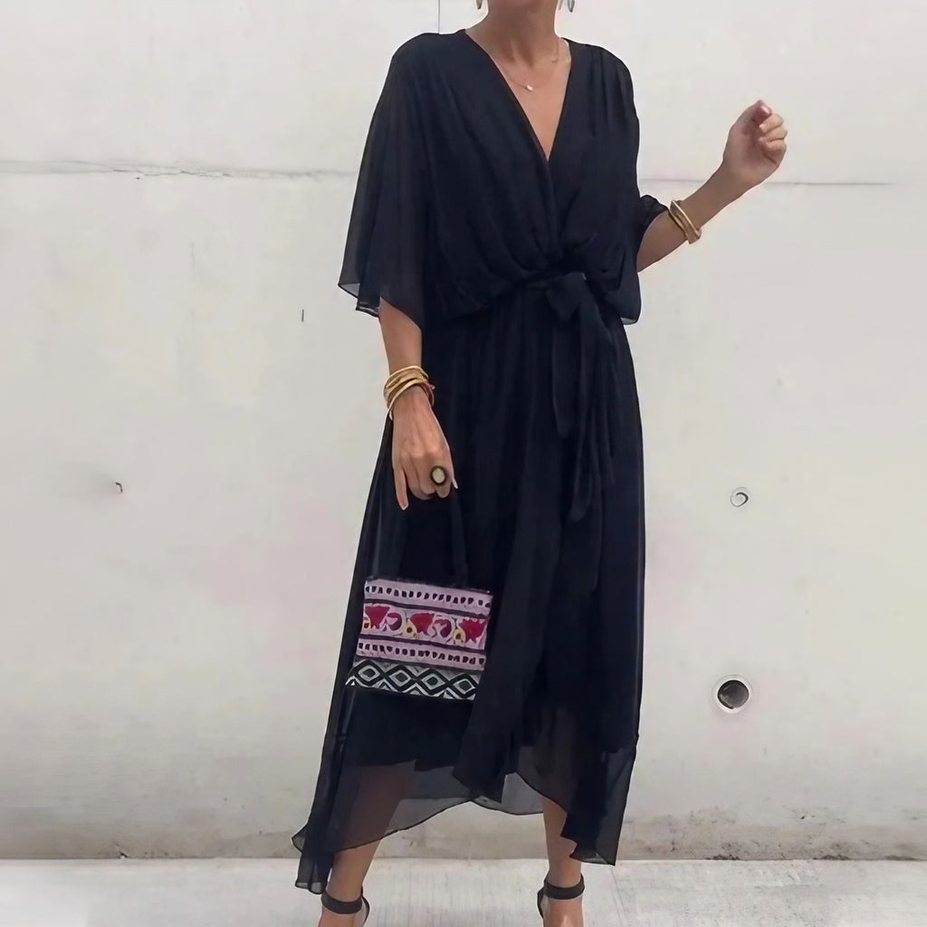 Robe d'été midi fluide à col V et nœud à la taille, du S au 5XL, noir