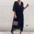Robe d'été midi fluide à col V et nœud à la taille, du S au 5XL, noir