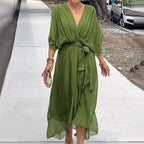 Robe d'été midi fluide à col V et nœud à la taille, du S au 5XL