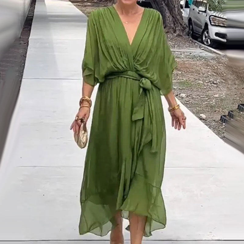 Robe d'été midi fluide à col V et nœud à la taille, du S au 5XL