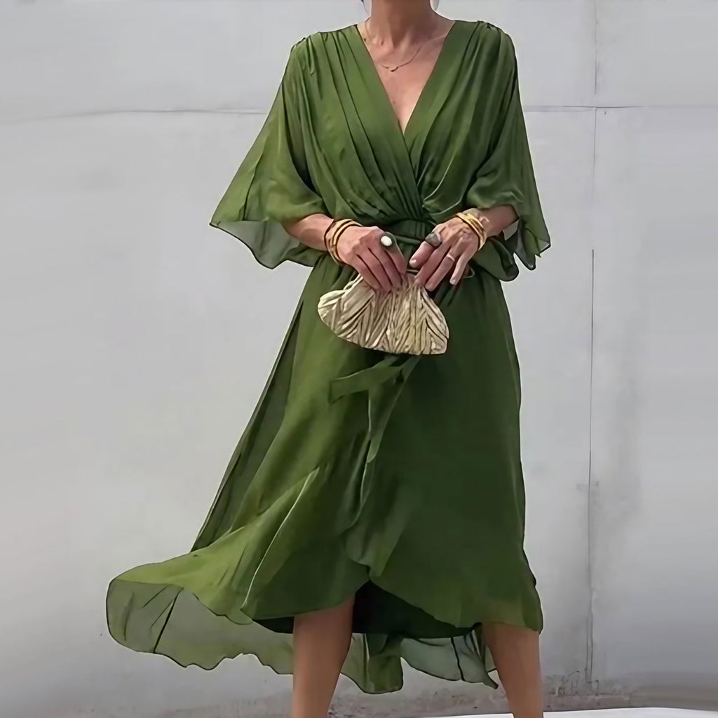 Robe d'été midi fluide à col V et nœud à la taille, du S au 5XL, vert