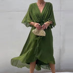 Robe d'été midi fluide à col V et nœud à la taille, du S au 5XL, vert