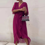 Robe d'été midi fluide à col V et nœud à la taille, du S au 5XL, violet rouge
