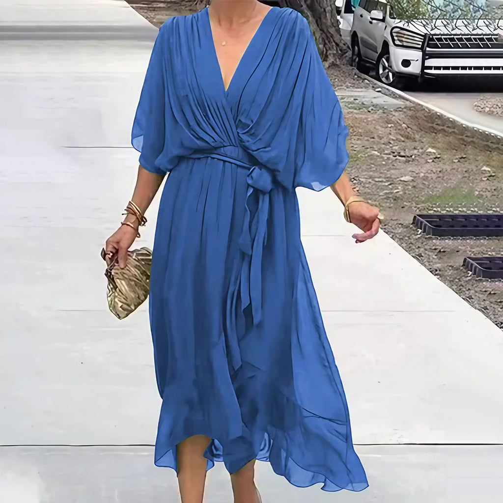 Robe d'été midi fluide à col V et nœud à la taille, du S au 5XL, bleu