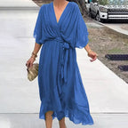 Robe d'été midi fluide à col V et nœud à la taille, du S au 5XL, bleu