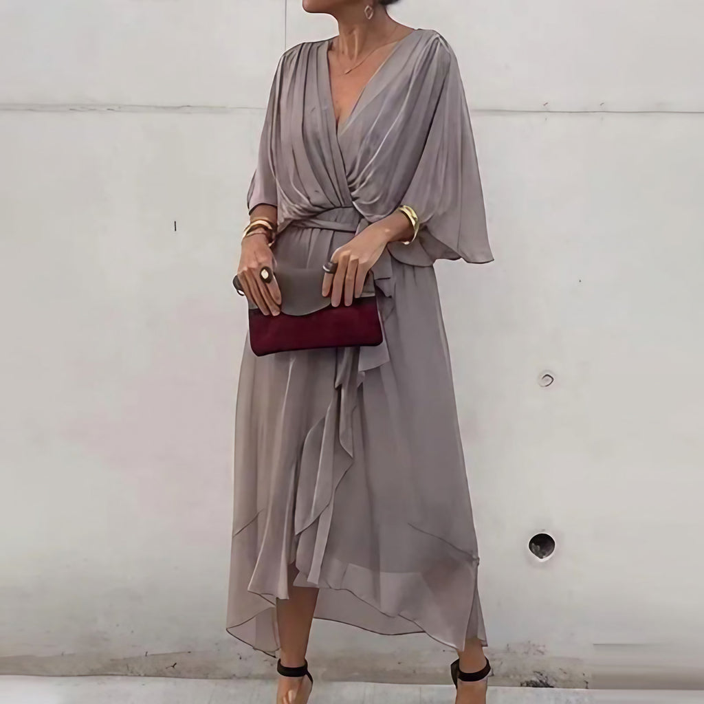 Robe d'été midi fluide à col V et nœud à la taille, du S au 5XL, gris