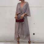 Robe d'été midi fluide à col V et nœud à la taille, du S au 5XL, gris