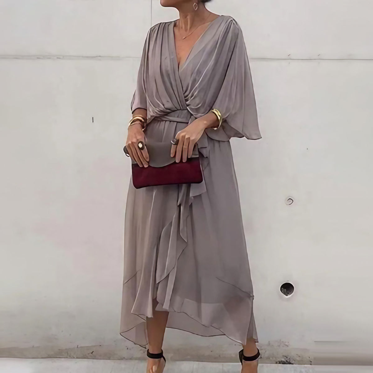 Robe d'été midi fluide à col V et nœud à la taille, du S au 5XL, gris