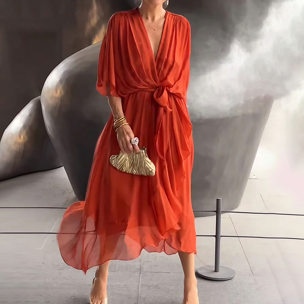 Robe d'été midi fluide à col V et nœud à la taille, du S au 5XL, rouge orangé