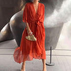 Robe d'été midi fluide à col V et nœud à la taille, du S au 5XL, rouge orangé