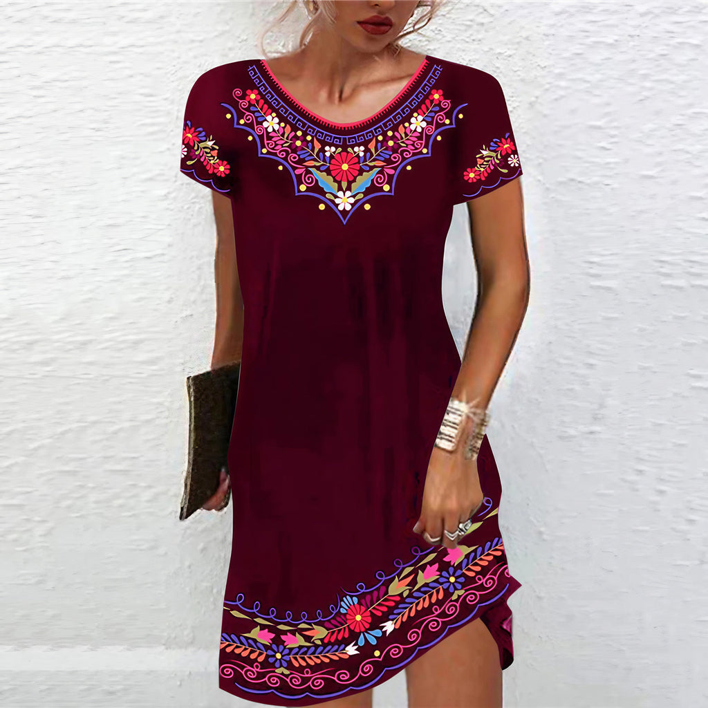 Robe d'été évasée femme à motifs imprimés, manches courtes, rouge vin