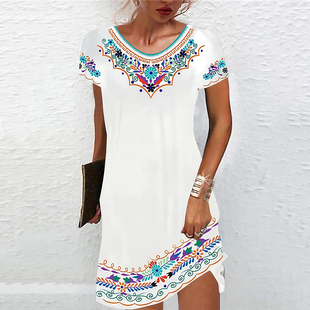 Robe d'été évasée femme à motifs imprimés, manches courtes, blanc