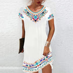 Robe d'été évasée femme à motifs imprimés, manches courtes, blanc