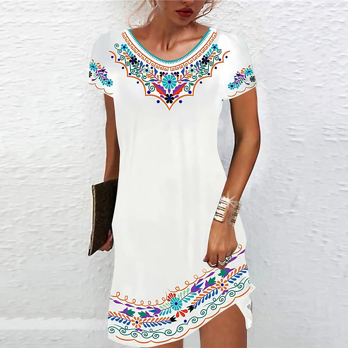 Robe d'été évasée femme à motifs imprimés, manches courtes, blanc