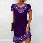 Robe d'été évasée femme à motifs imprimés, manches courtes, violet