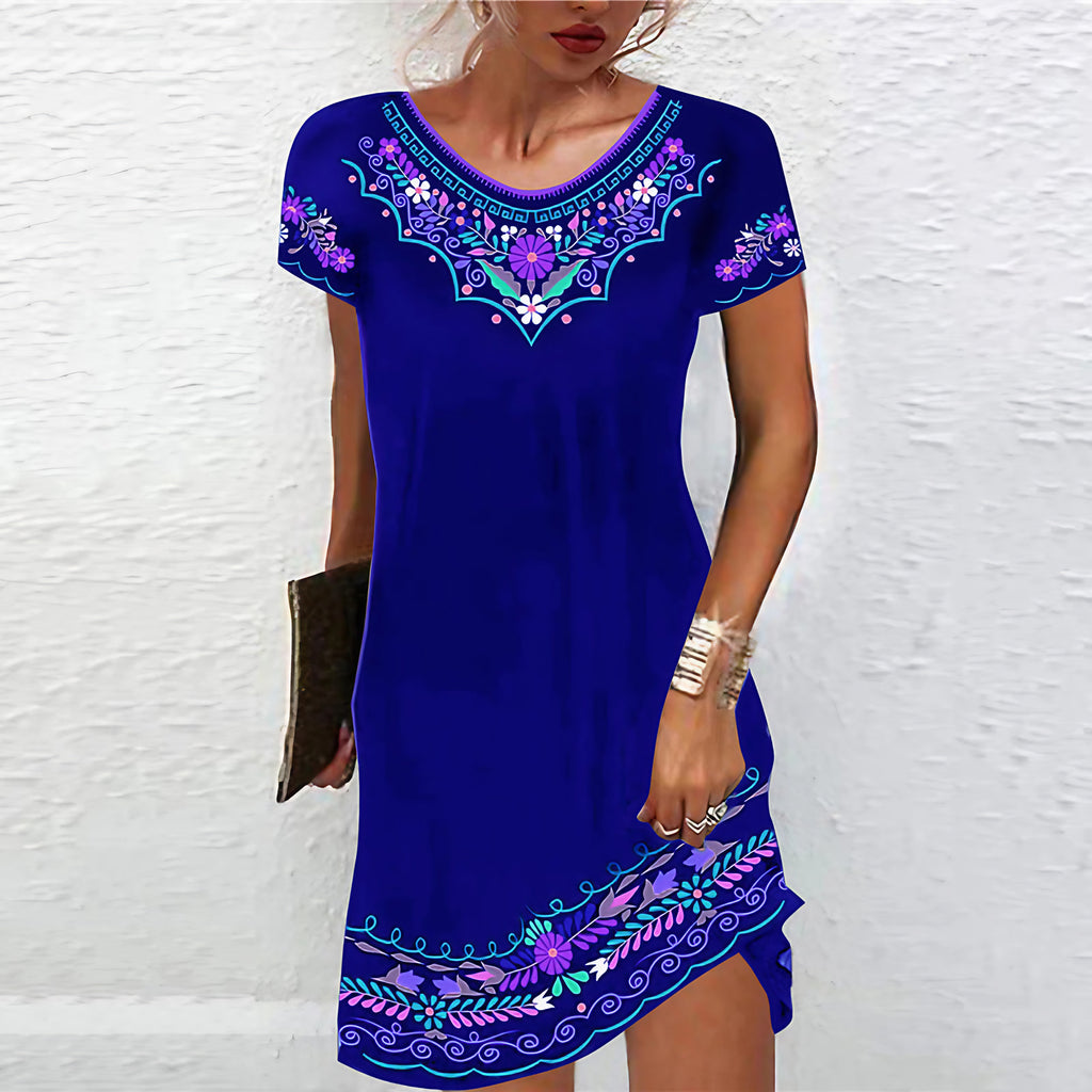 Robe d'été évasée femme à motifs imprimés, manches courtes, bleu