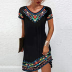 Robe d'été évasée femme à motifs imprimés, manches courtes, noir