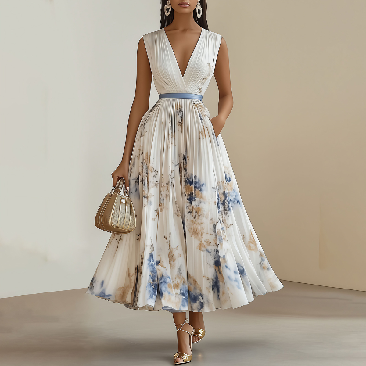 Robe de cérémonie fleurie midi sans manches, col rond, blanc