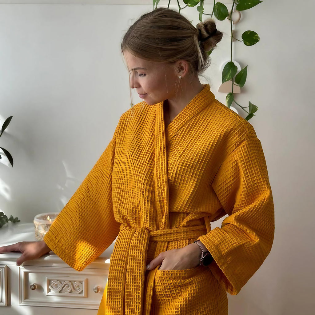 Peignoir kimono femme en coton gaufré, ceinture et poches