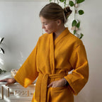 Peignoir kimono femme en coton gaufré, ceinture et poches
