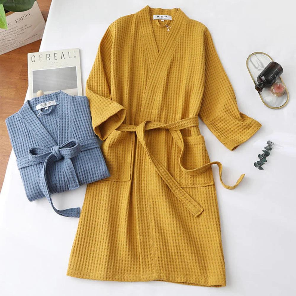 Peignoir kimono femme en coton gaufré, ceinture et poches