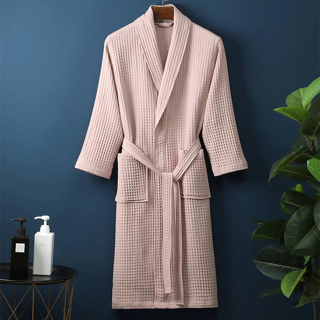 Peignoir kimono femme en coton gaufré, ceinture et poches, rose