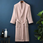 Peignoir kimono femme en coton gaufré, ceinture et poches, rose