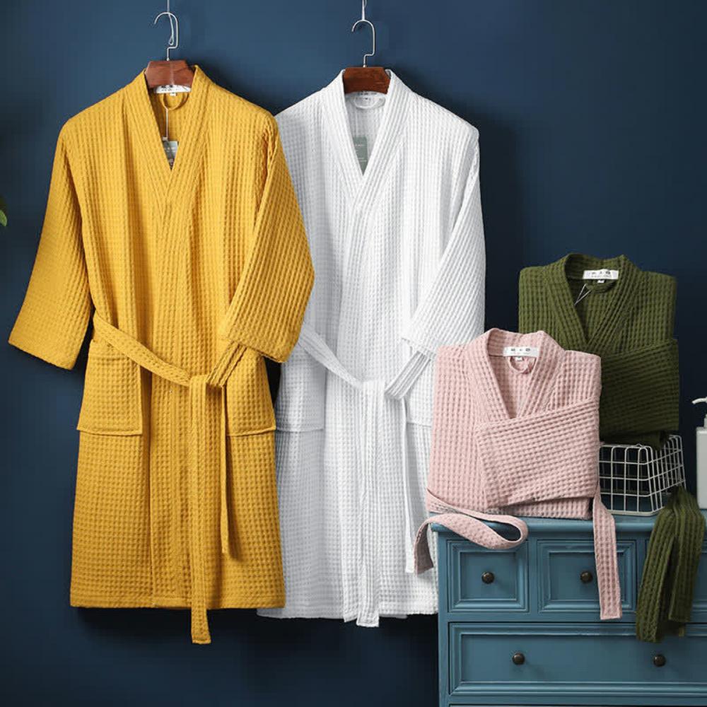 Peignoir kimono femme en coton gaufré, ceinture et poches
