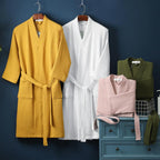 Peignoir kimono femme en coton gaufré, ceinture et poches
