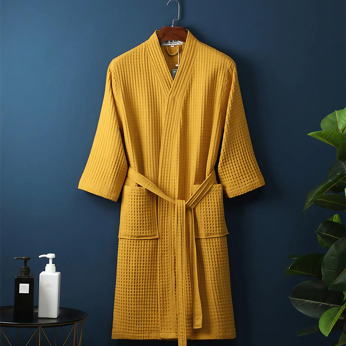 Peignoir kimono femme en coton gaufré, ceinture et poches, jaune