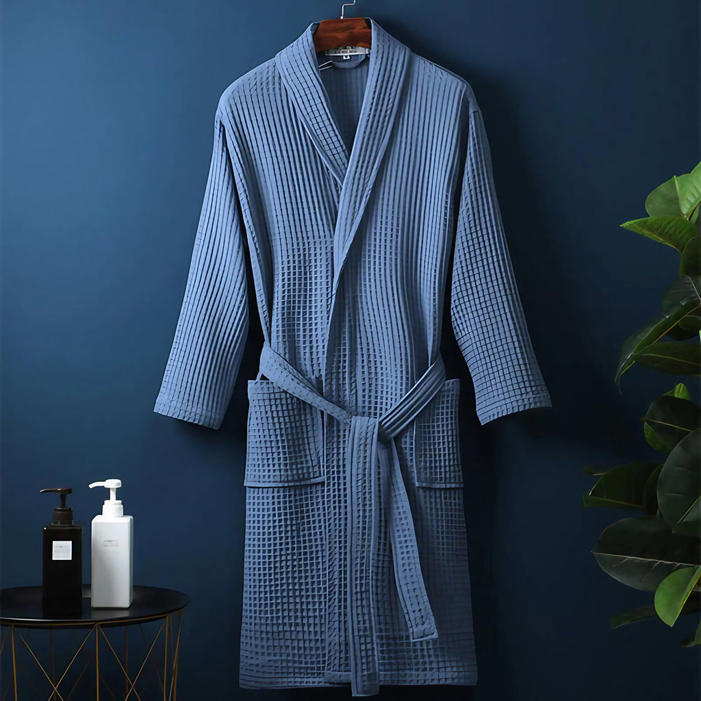 Peignoir kimono femme en coton gaufré, ceinture et poches, bleu