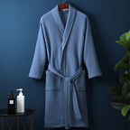 Peignoir kimono femme en coton gaufré, ceinture et poches, bleu